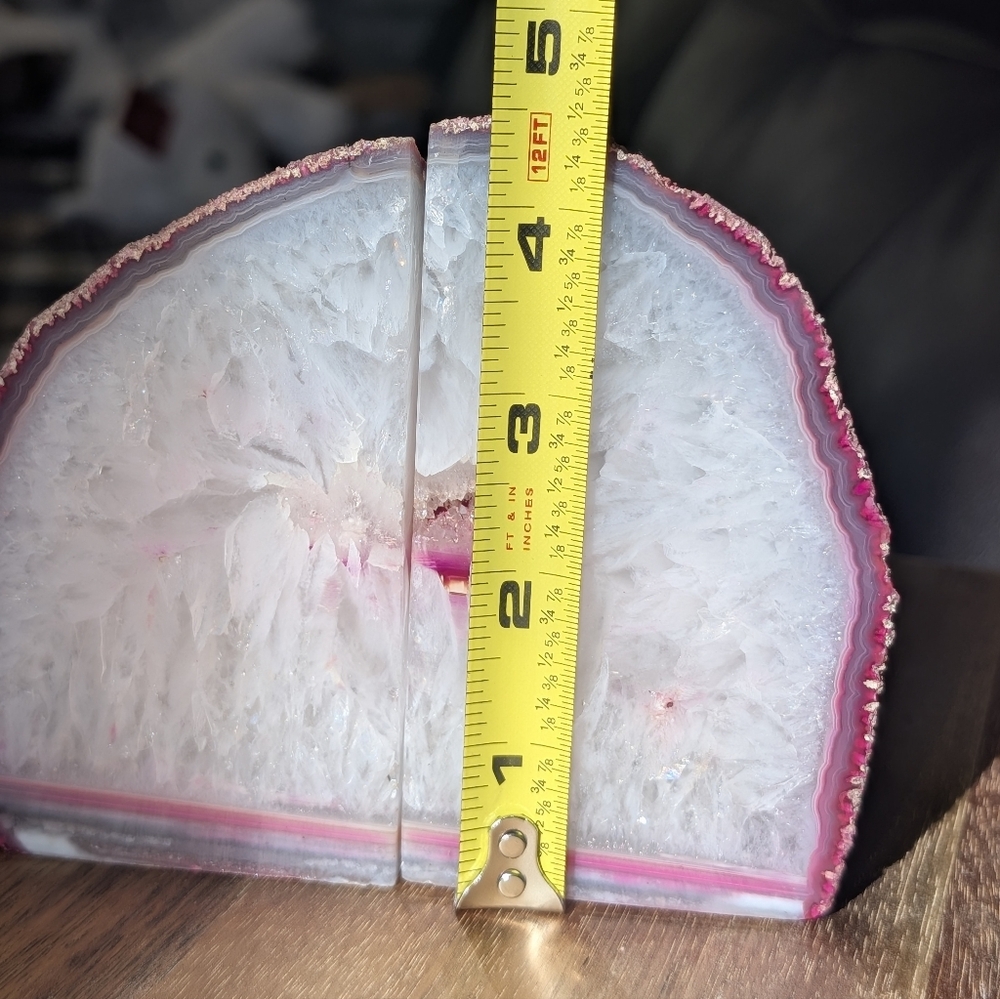 Brazilian Geode Pink White Quartz Agate Polished Bookends Set Dyed Stone Decor - Picture 11 of 11